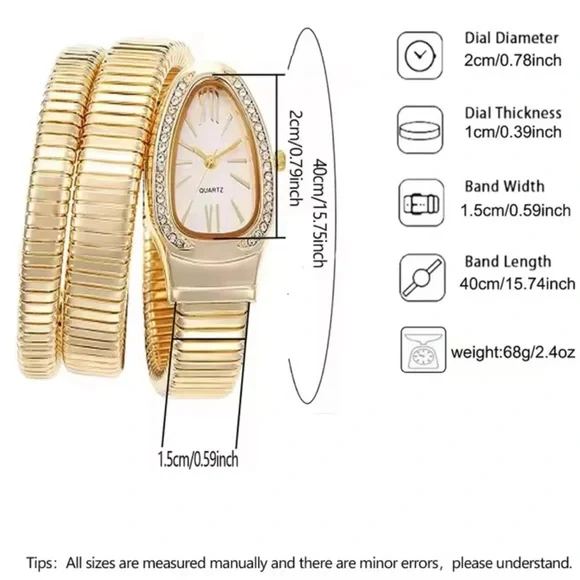 Serpent serpentine Gold Coil Wrap Bracelet Watch Vintage Snake-Inspired Design - Picture 2 of 8